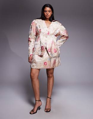 ASOS LUXE Curve - Jacquard-Minirock in Weiß mit Blumenmuster, Kombiteil-Bunt