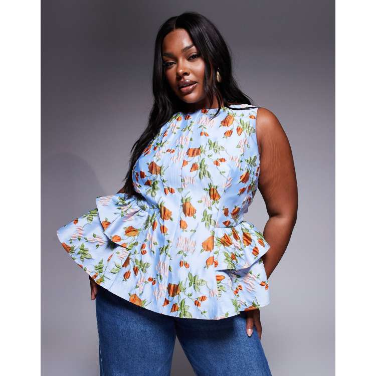 Flower Jacquard Peplum Tops