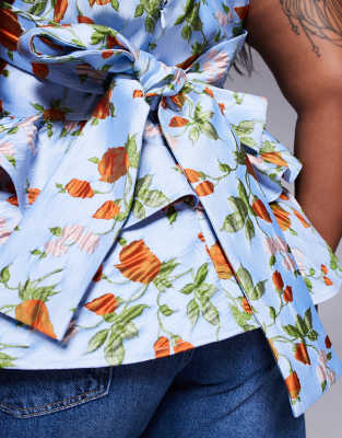 Asos Luxe Curve Jacquard Peplum Top With Bow Back