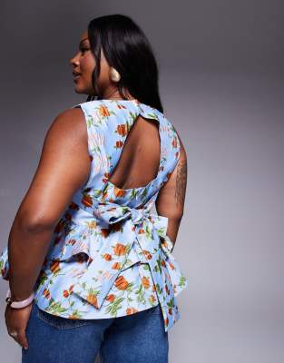 ASOS LUXE Curve jacquard peplum top with bow back in capri floral