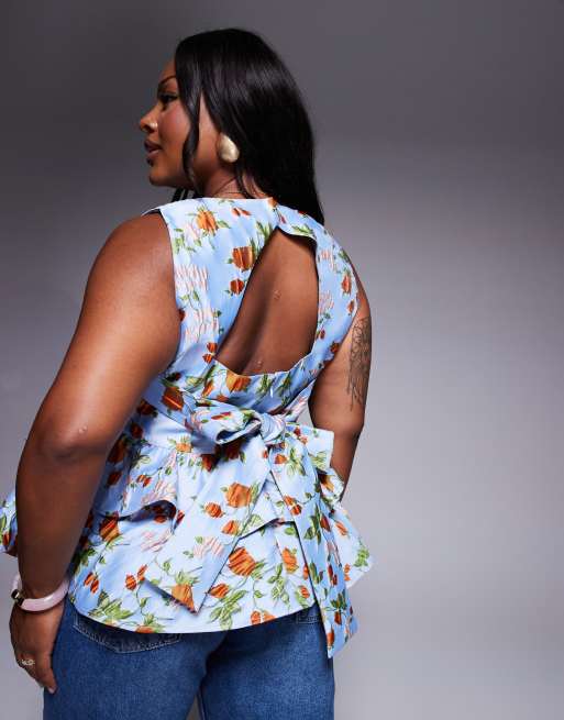 美品BOW.A JACQUARD PEONY TOPS ボウエー ASOS LUXE Curve jacquard peplum top with bow back in capri