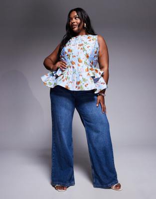 ASOS LUXE Curve jacquard peplum top with bow back in capri