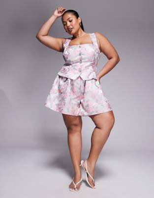 ASOS LUXE ASOS LUXE Curve jacquard playsuit with embellished buttons-Pink