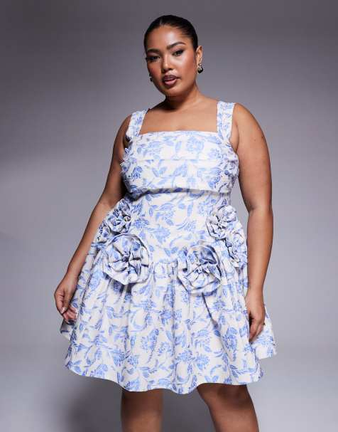 ASOS LUXE Curve jacquard pleated bust mini skater dress with corsages in tapestry floral - view 1