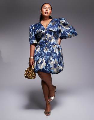 Curve jacquard puff sleeve collared mini dress with embellished buttons in blue and gold floral