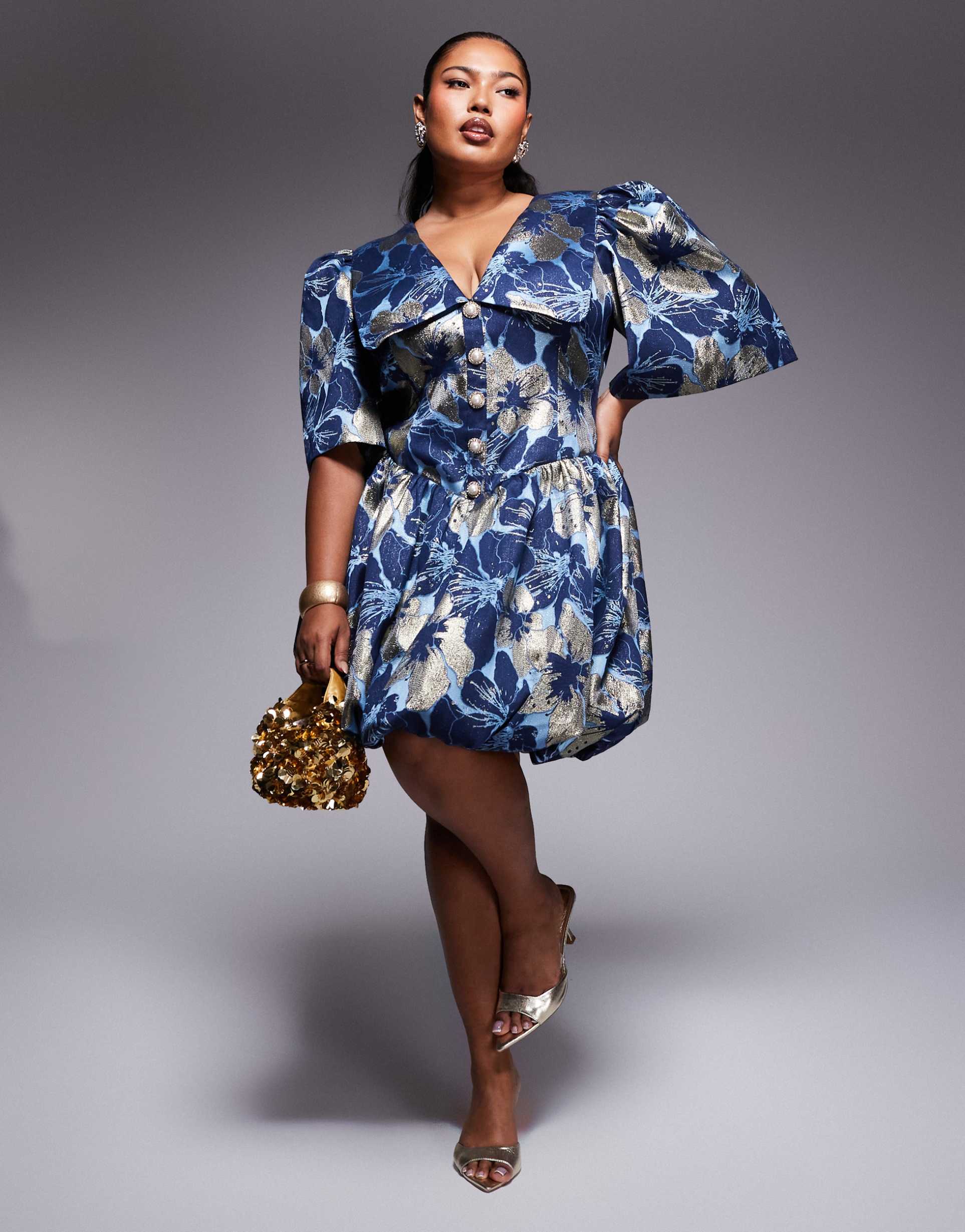 asos luxe curve jacquard puff sleeve collared mini dress with embellished buttons in blue and gold floral