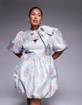 Asos Luxe Curve Jacquard Puff Sleeve Mini Dress With Bow In Multi