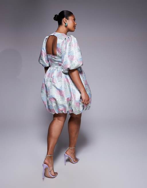 ASOS Luxe Curve Jacquard Puff Sleeve Mini Dress with Bow in Multi Patch Work Print