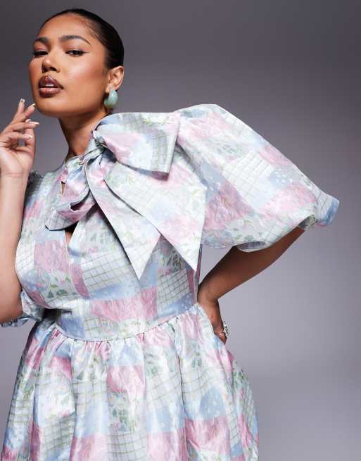 ASOS LUXE Curve jacquard puff sleeve mini dress with bow in multi patch work print