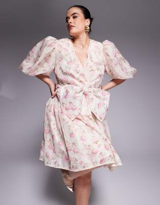 Asos Luxe Curve Jacquard Puff Sleeve Mini Dress With Bow Tie In White