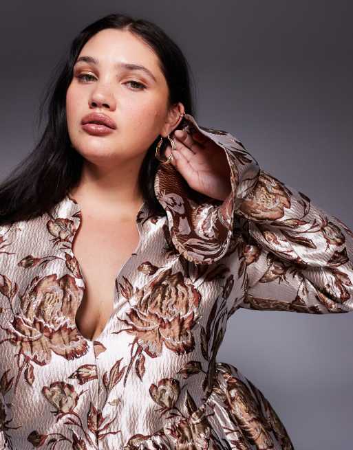 ASOS LUXE Curve jacquard scalloped skater dress in gold leaf