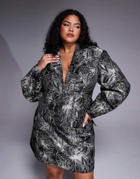 ASOS LUXE Curve jacquard sculpted blazer in black floral (part of a set) - view 1