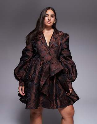 Asos Luxe Curve Jacquard Shirt Skater Dress In Brown
