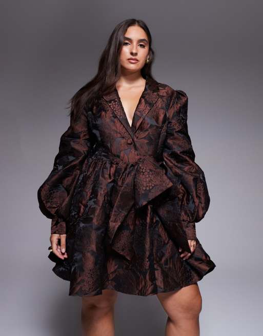 ASOS LUXE Curve jacquard shirt skater dress in brown floral