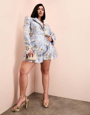 ASOS LUXE Curve - Jacquard-Shorts mit blauem Blumenmuster, Kombiteil-Bunt