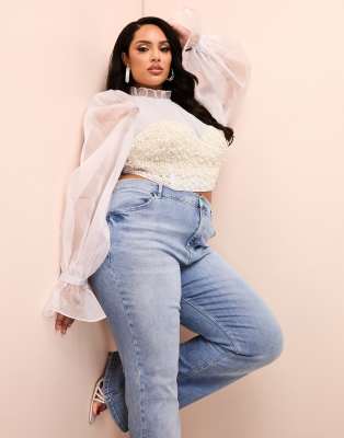 ASOS LUXE Curve – Jasnoszary top z marszczeniem zdobiony perełkami