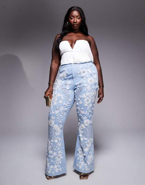 ASOS Luxe Curve - Jeans a zampa lavaggio blu medio con decorazioni gioiello bianche - view 1