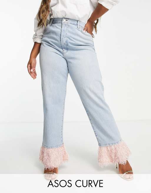 ASOS LUXE Curve - Jeans met rechte pijpen en kunstveren langs de zoom in blauw, deel van co-ord set