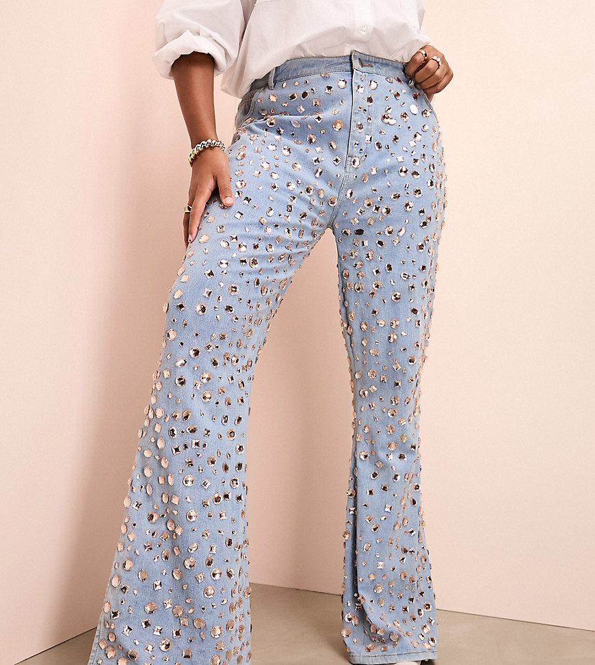 ASOS LUXE Curve jewel embellished denim flared jeans in mid wash blue
