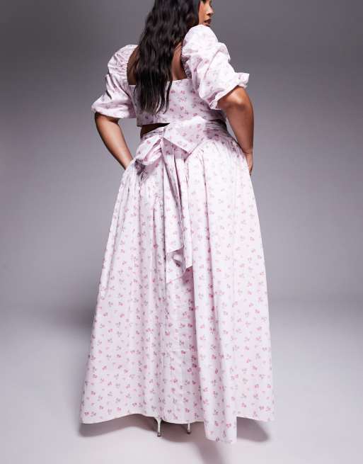 ASOS LUXE Curve - Jupe longue d'ensemble en satin de coton à petites fleurs et nœud au dos, 2 de 5