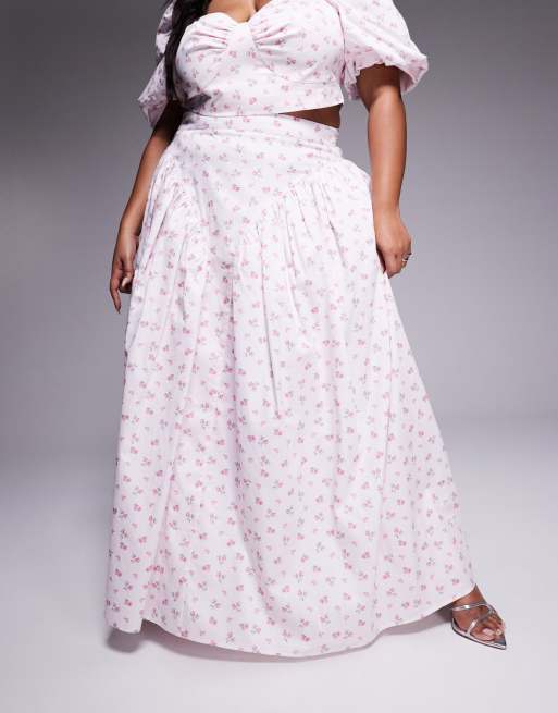 ASOS LUXE Curve - Jupe longue d'ensemble en satin de coton à petites fleurs et nœud au dos, 5 de 5