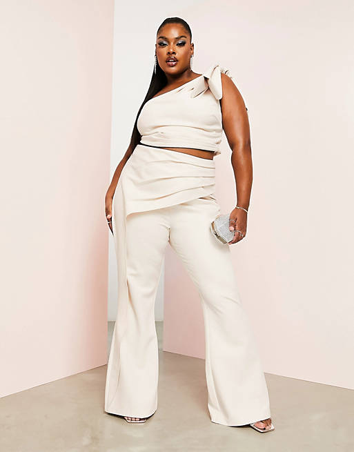 ASOS LUXE Curve kickflare pants with drape detail in ivory - part of a ...