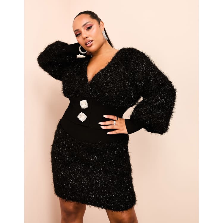 ASOS LUXE Curve knitted v-neck cardigan with embellished buttons in black |  ASOS