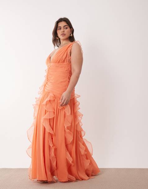 ASOS LUXE Curve – Korallrosa, rynkad maxiklänning med vattenfallsdetalj - view 1