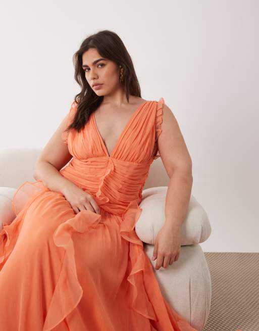 ASOS LUXE Curve - Koralrød rynket maxikjole med vandfaldsdetalje, 4 af 4