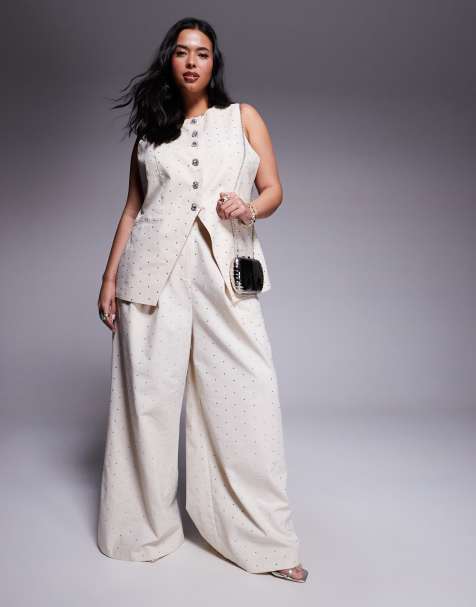ASOS LUXE Curve co-ord hotfix embellished linen wide leg trouser in cream