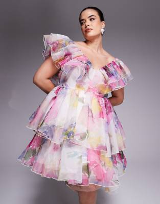 ASOS LUXE Curve - Kurzes Babydoll-Kleid aus Organza mit Rüschen und verschwommenem Blumenmuster-Bunt