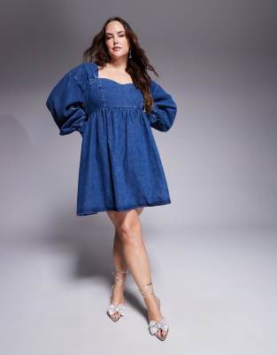 ASOS LUXE Curve - Langärmliges, kurzes Babydoll-Jeanskleid in Blau mit Schleife am Rücken