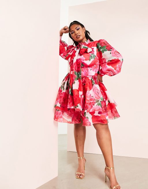 ASOS LUXE Curve - Langærmet skater-minikjole med sløjfe og blomstermønster i chiffon