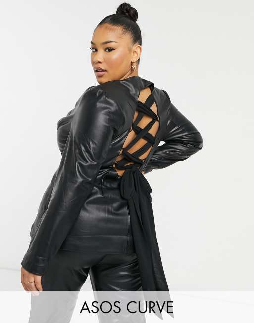 ASOS LUXE Curve leather look lace up back blazer in black