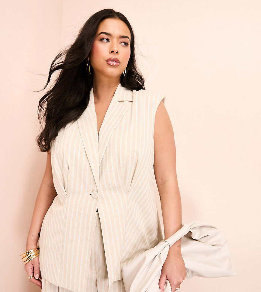 ASOS LUXE Curve linen look long line sleeveless tailored blazer with bow back in stripe print-Neutra