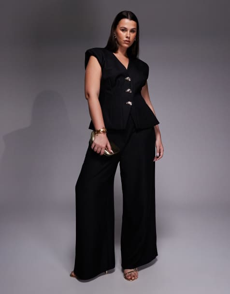 ASOS LUXE Curve linen look pants in black - part of a set - view 1