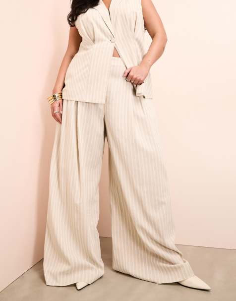ASOS LUXE Curve linen look tailored wide leg pants in stripe print - view 1