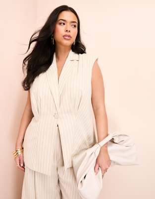 Curve linen mix longline sleeveless tailored blazer with bow back in stripe print-Neutral