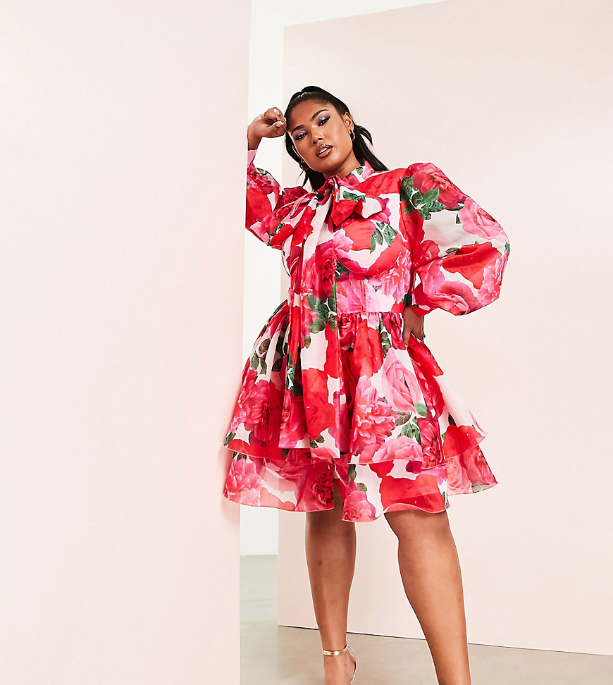 ASOS LUXE Curve long sleeved pussybow chiffon skater mini dress in floral print-Multi