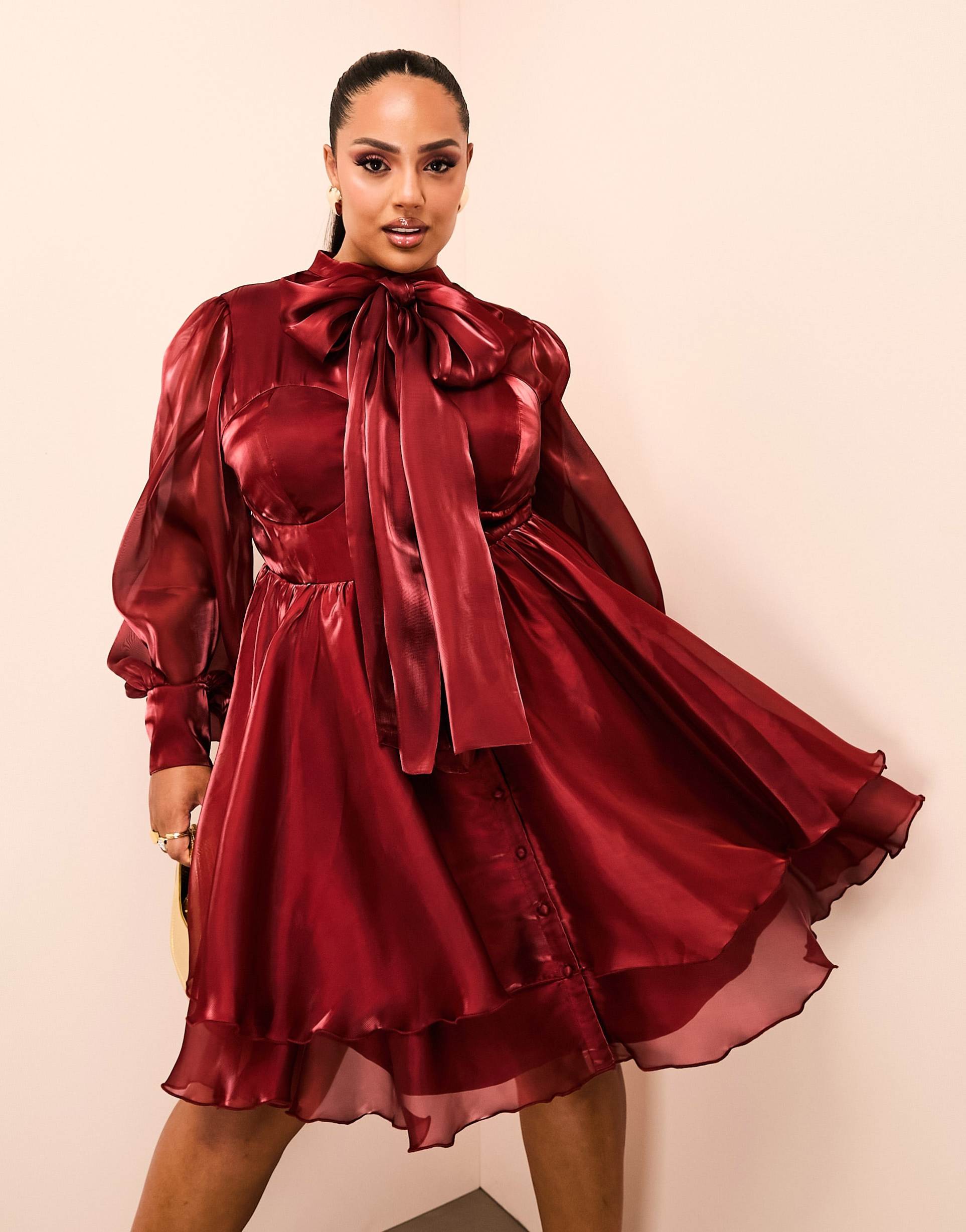 asos luxe curve long sleeved pussybow satin skater mini dress in burgundy