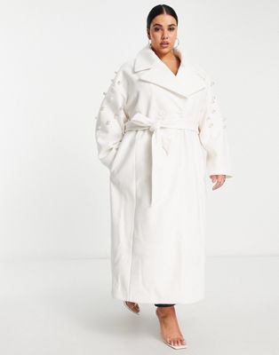 ASOS LUXE Curve longline coat with pearl detail in white