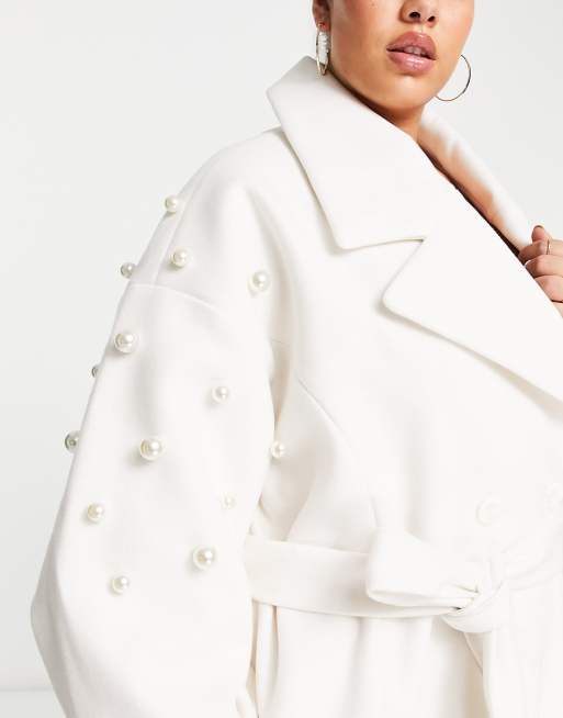 ASOS LUXE Curve longline coat with pearl detail in white