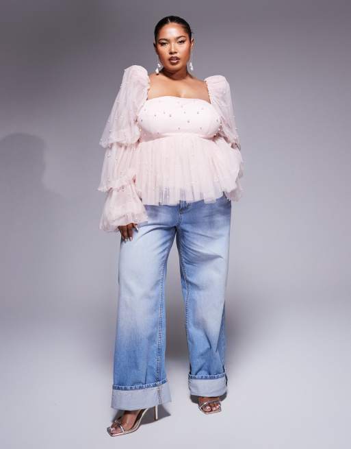 ASOS LUXE Curve - Lyserød babydoll-top i tyl med perleudsmykninger, 4 af 4