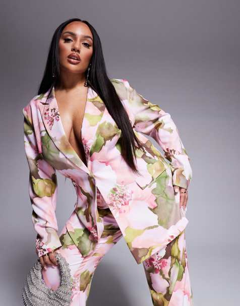 ASOS LUXE Curve - Lyserød enkeltradet skræddersyet habitblazer med blomstermønster - Del af sæt - view 1