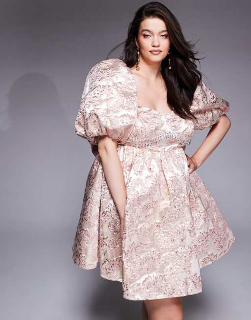 ASOS LUXE Curve - Lyserød minikjole med pufærmer og udsmykkede detaljer på brystet i jacquard