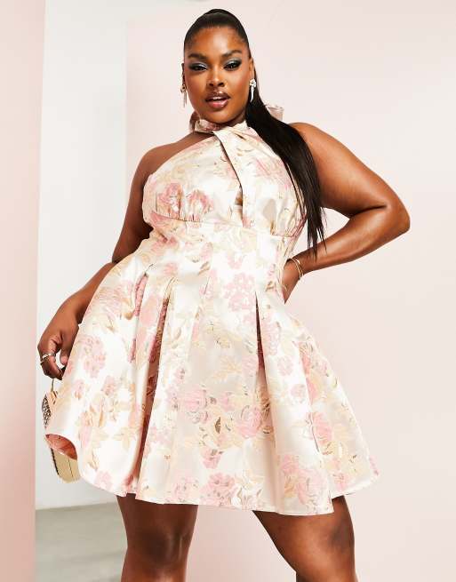 ASOS LUXE Curve - Lyserød swing-minikjole med halterneck og blomstermønster i jacquard-stof