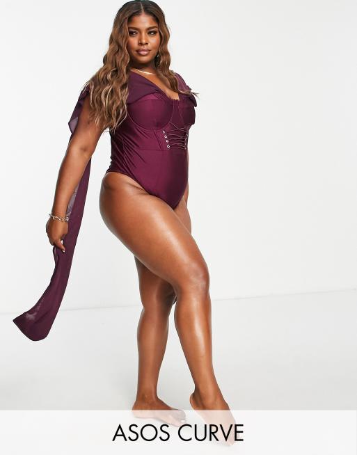 ASOS LUXE Curve - Maillot 1 pièce effet drapé avec épaules dénudées et laçage sur le devant - Violet