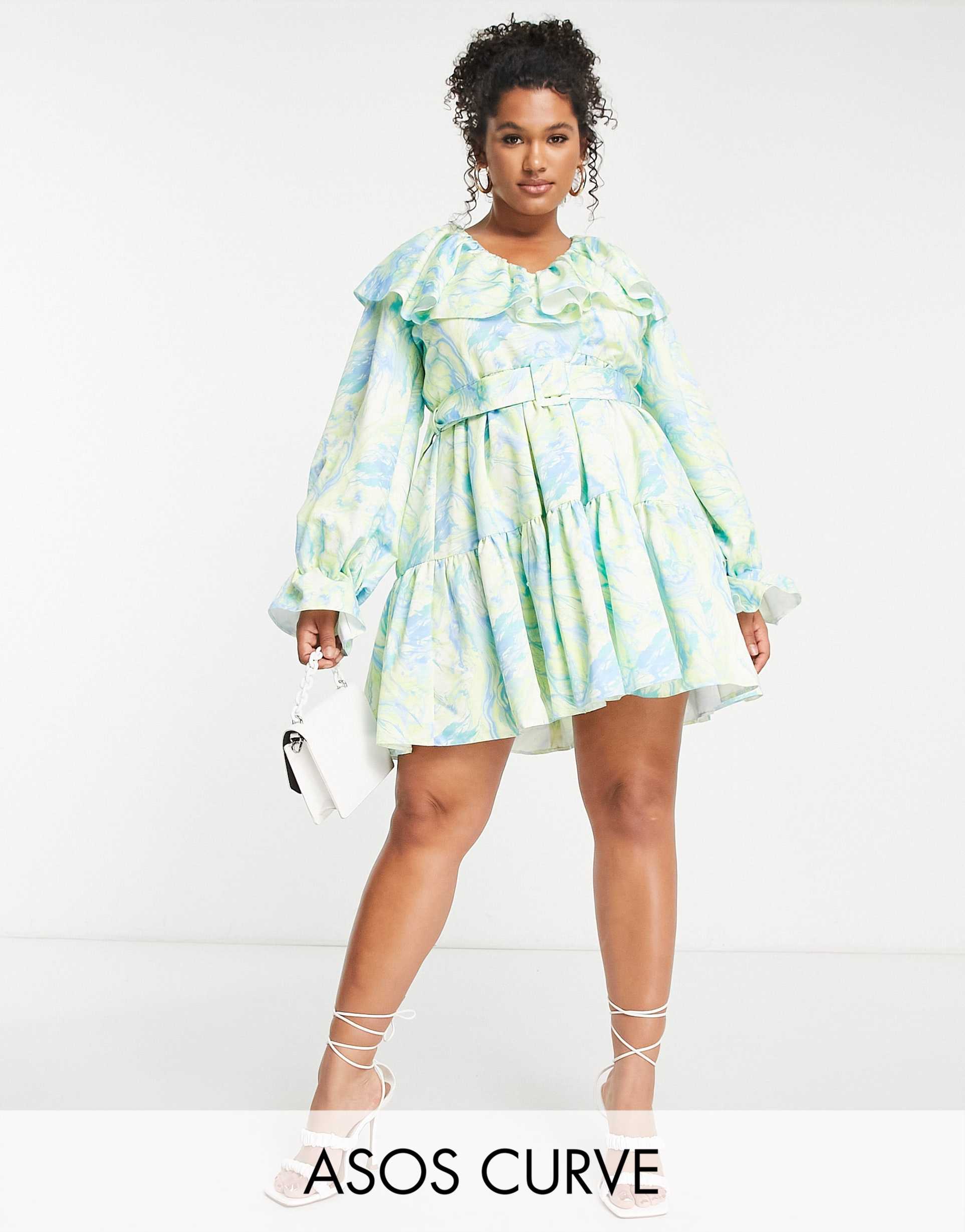 asos luxe curve marble v neck belted twill smock dress