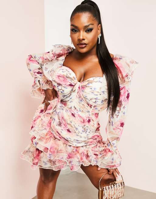 ASOS Luxe Curve – Marszczona sukienka mini z falbankami i długimi rękawami z organzy w kwiatowy wzór