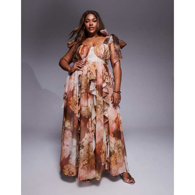 brown plus size floral dress Rusttydustty Plus Floral Print Ruffle Hem Dress